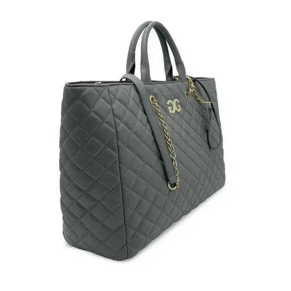 Gilda Paris Large Quilted Tote Bag Grey Vegan Leather and Gold Accents - Picture 2 of 8